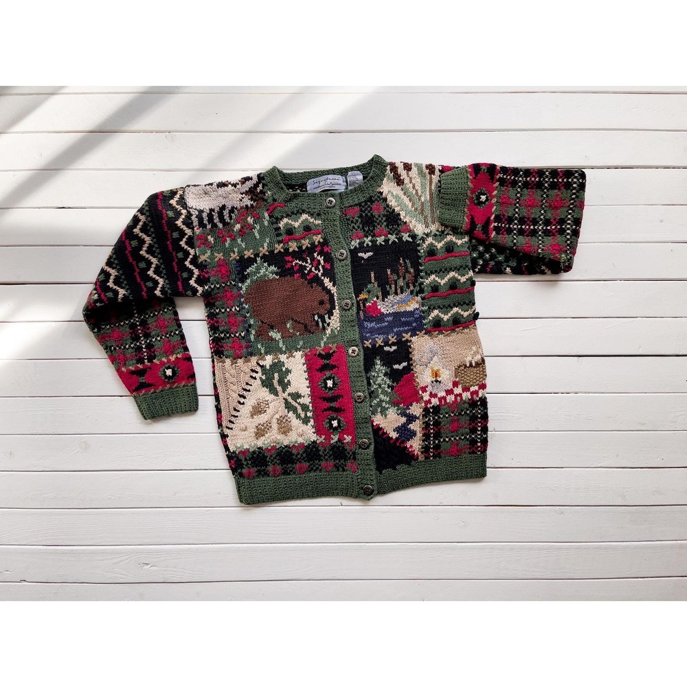 Northern Isles vtg forest animal mountain‎ cabin plaid hand knit cardigan